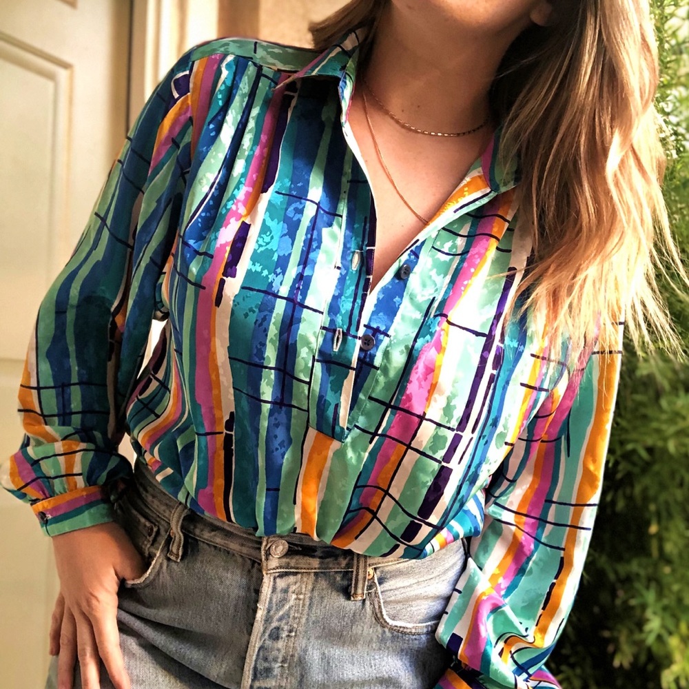 Da Rue Vintage Colorful Retro Long Sleeve Blouse - Picture 1 of 8